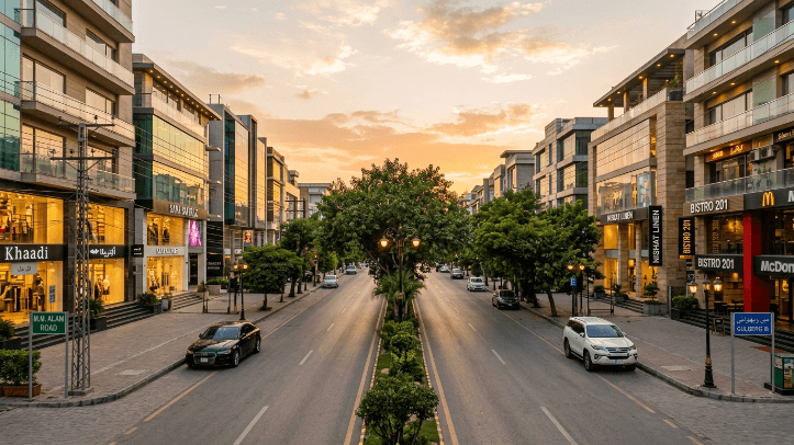 MM Alam Road Gulberg Lahore showing premium commercial and residential real estate