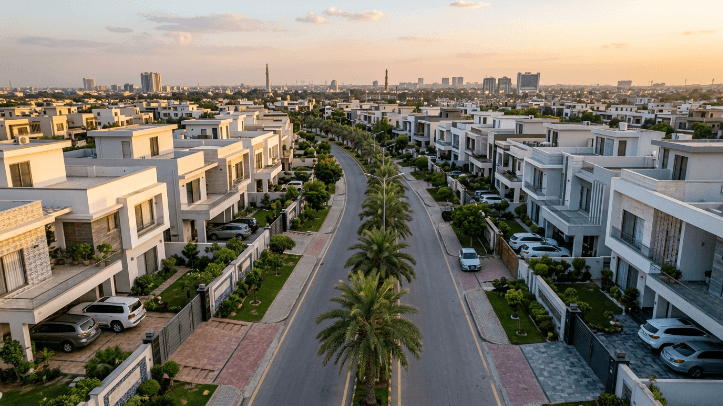 Aerial view of Lahore property market in DHA Phase 5 showing premium residential houses in 2026