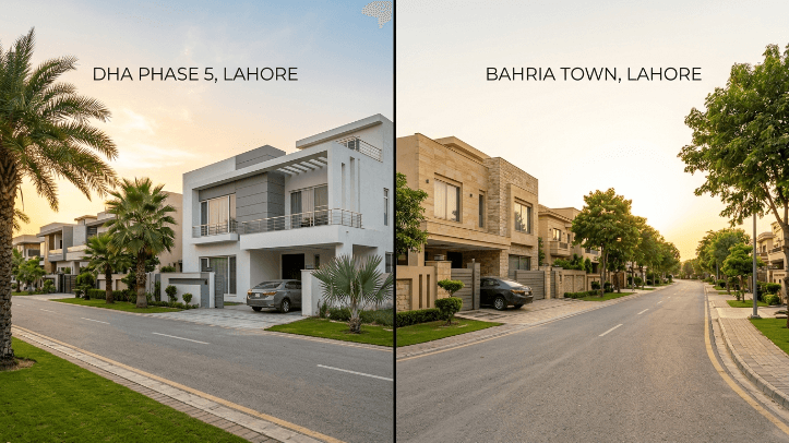 DHA Lahore vs Bahria Town comparison showing typical 10 marla houses in both societies side by side