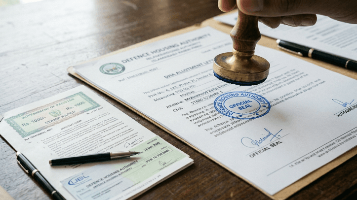 DHA property transfer process showing Allotment Letter being officially stamped