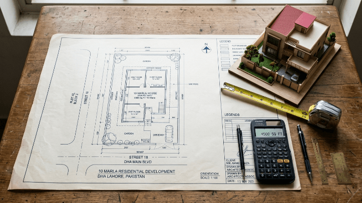 Marla to square feet conversion shown with Pakistani property blueprint and measuring tools